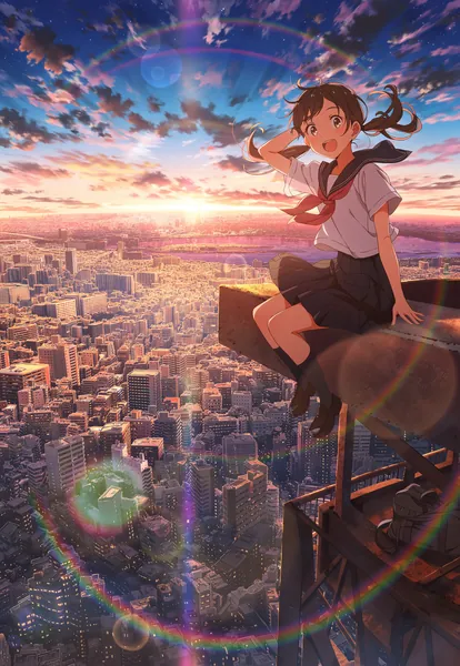 AI-generated anime artwork of a schoolgirl perched high above a sprawling city at sunset.